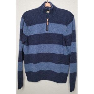J.Crew Mens L‎ Mock Neck 1/4 Zip Sweater Pullover Striped  Blue 100% Lambs Wool